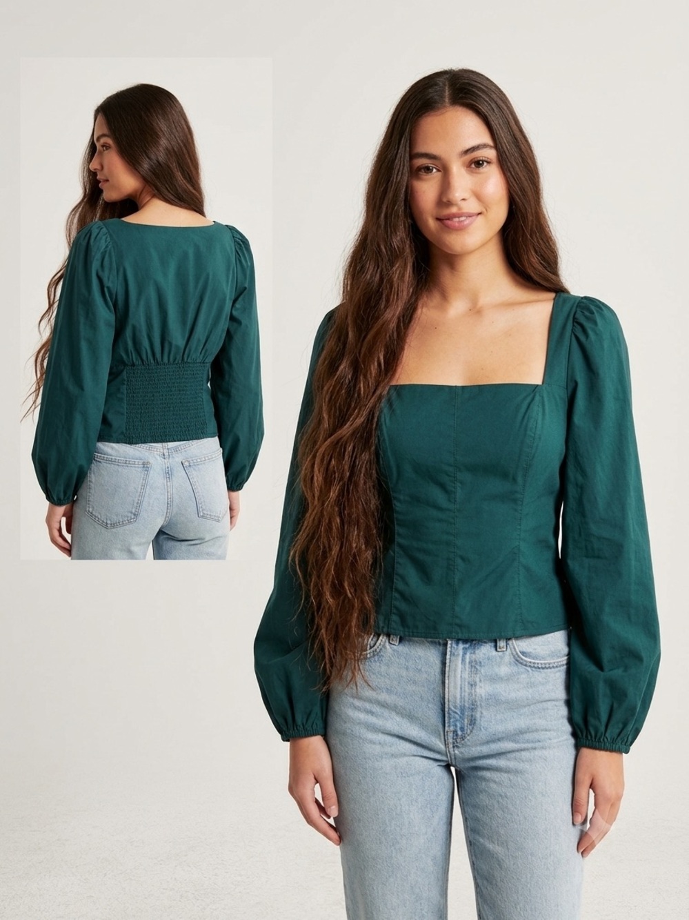 Abercrombie & Fitch Emerald Green Corset Style Blouse Square Neck Puff Sleeve M